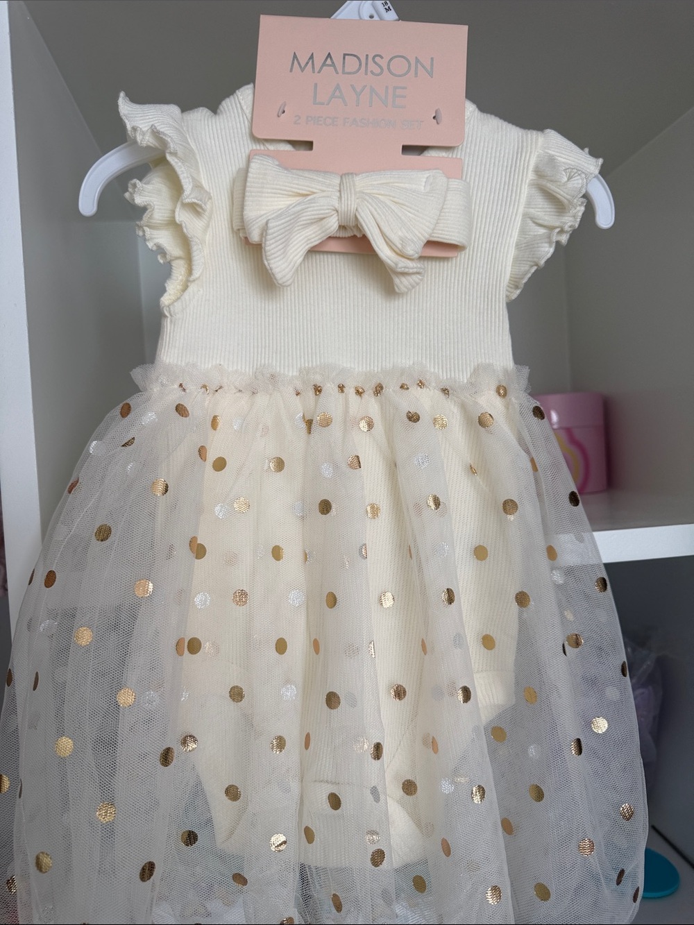 Madison Layne Cream Baby Dress with Gold Polka Dot Tulle